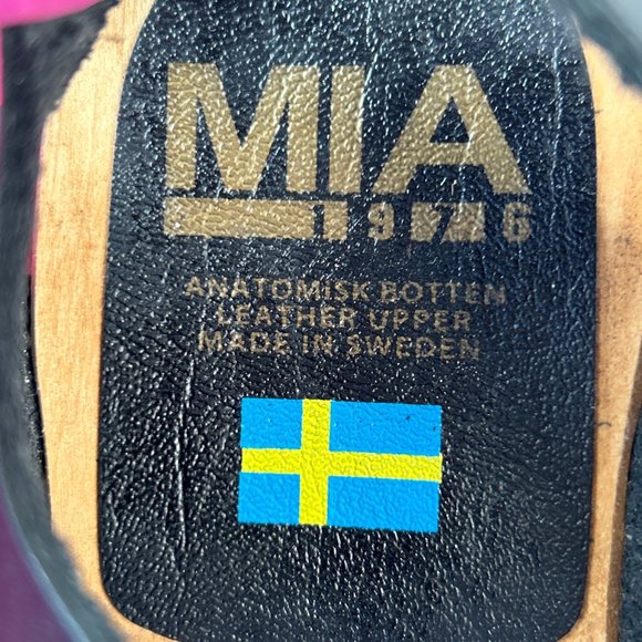 MIA Bety Sandals Womens 9M Black Leather Peep Toe Wooden Clogs Woven Adjustable - Picture 10 of 11